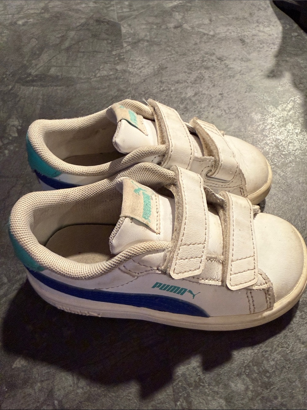 Puma White, Blue & Teal Kids Velcro Sneakers